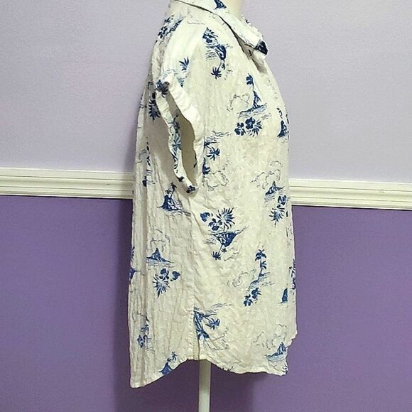 a.n.a. White & Blue Hawaiian Tropical Rolled Sleeves Button Down Shirt - Picture 6 of 10